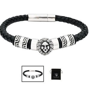 Men’s Lion Head Black Leather Stainless Steel Bracelet BLACKJACK
